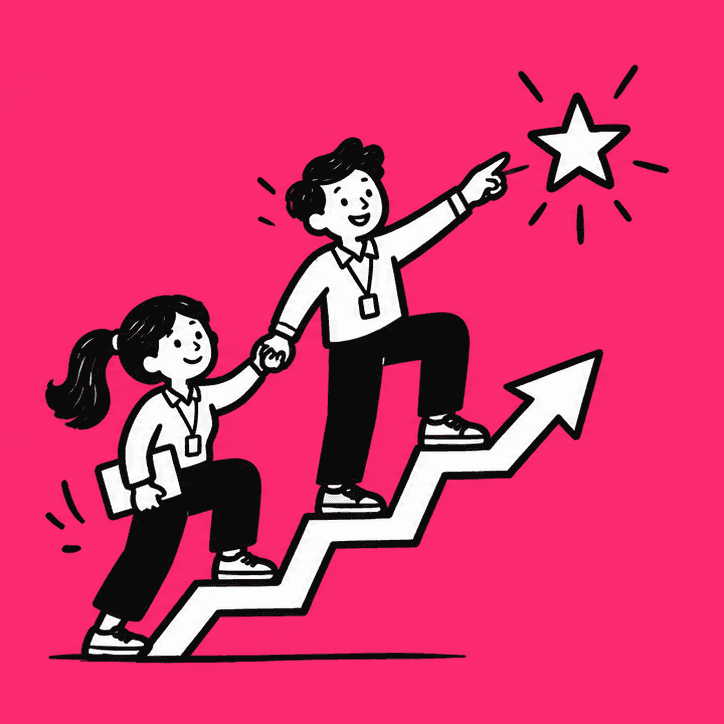 Illustration of two people climbing a rising arrow towards a star